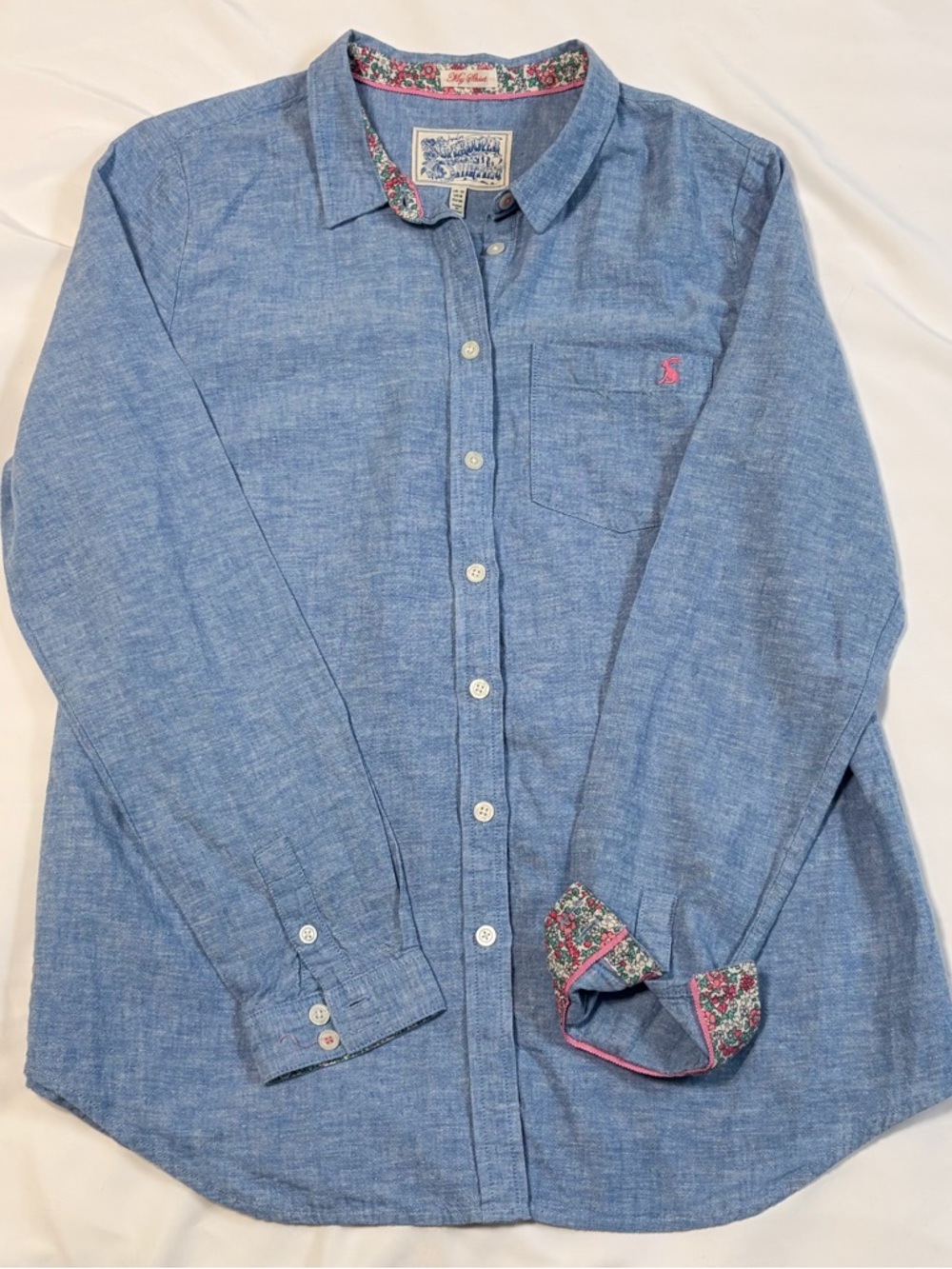 Joules Super Duper Shirting Button Up Women’s 8 Long Sleeve Blue, Floral Accent